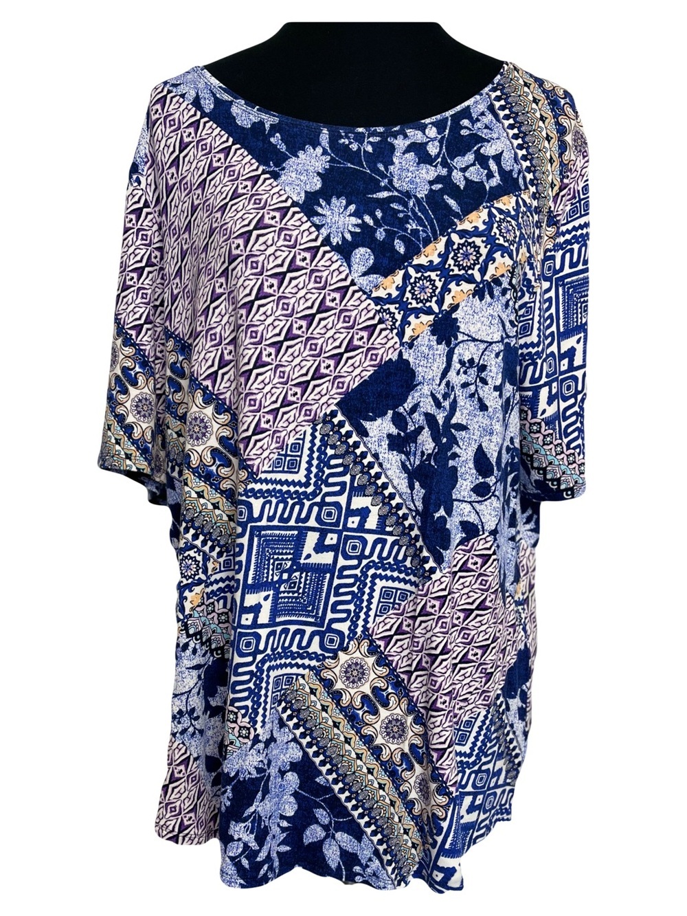 Chico’s | Blue Patchwork Floral Stretchy Elbow Sleeve Tunic Tee, XL